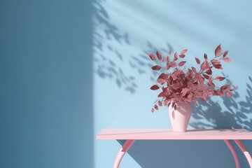 Table with plant in vase against blue wall background. Green plant in home interior with shadows on wall with copy space. Created with Generative AI