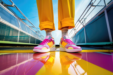 Stylish sneakers on colorful background. Female model wearing trendy shoes. Creative summer wallpaper. Fashion youth style. Created with Generative AI - obrazy, fototapety, plakaty