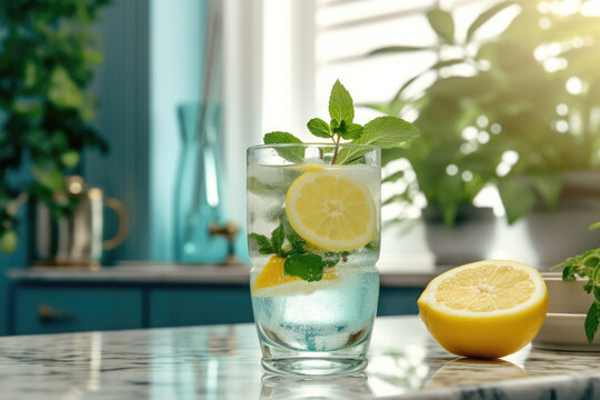 Lemonade at table in kitchen with morning sunlight. Glass of water with lemon and mint. Refreshment drink. Created with Generative AI
