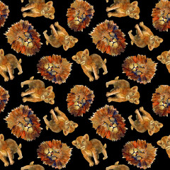 Watercolor lions in seamless pattern on black background. Illustration of lion portrait in seamless tile. Design for fabric, covers, backgrounds, decorations, prints.