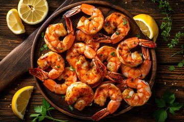 shrimp grilled delicious seasoning spices on wooden cutting board background appetizing cooked shrimps baked prawns , Seafood shelfish with rosemary lemon and lettuce - obrazy, fototapety, plakaty