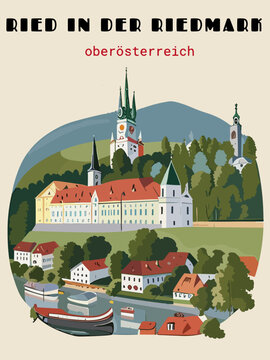 Ried in der Riedmark: Postcard design with a scene in Austria and the city name Ried in der Riedmark
