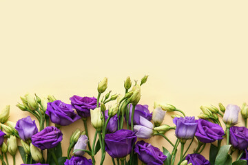 Composition with delicate eustoma flowers on color background