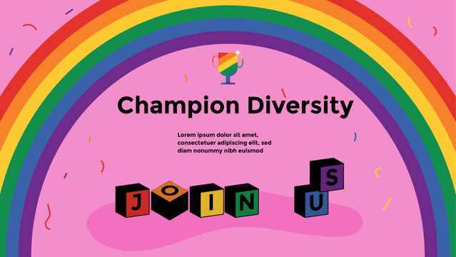 Premium Lgbt Gay Pride Rainbow Vector.Champion Diversity And Join Us Lettering To Celebrate Lgbtq+ Month. Illustration For Social Media Web,landing Page,card,poster,banner On A Cute Pink Background