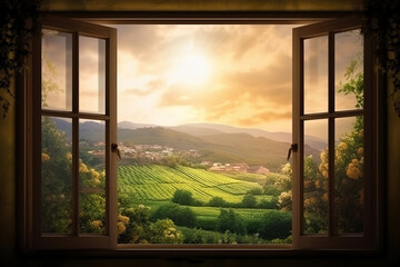 landscape nature view background. view from window at a wonderful landscape nature view, generative ai 