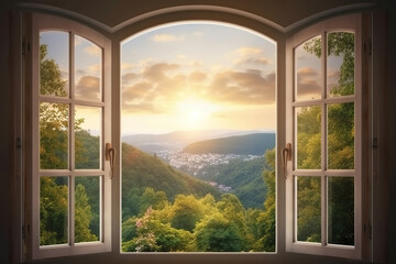landscape nature view background. view from window at a wonderful landscape nature view, generative ai 