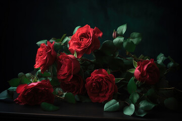Red Roses with Green Leaves on a Dark Background, generative ai 