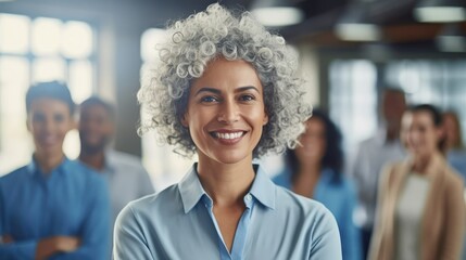 Fototapeta premium Attractive businesswoman woman posing at her work place with coworkers in the background. Generative AI