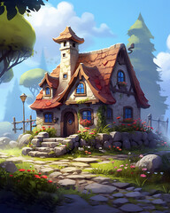 Stone Cottage, cartoon fantasy style, generative ai  