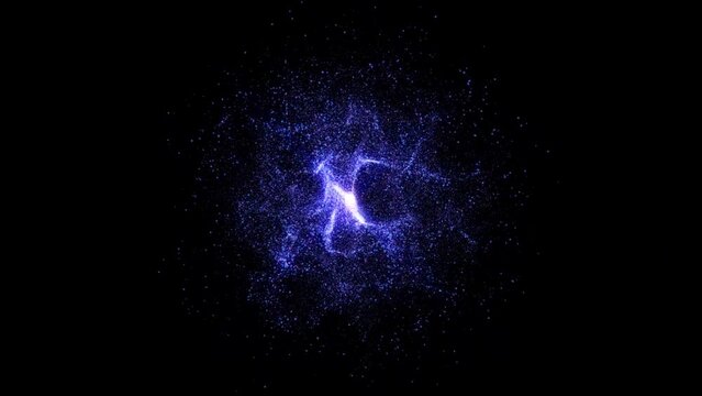 Particle explosion. Abstract motion background. Exploding particles. Isolated on black background. 4k 60fps Motion design element. Blue color