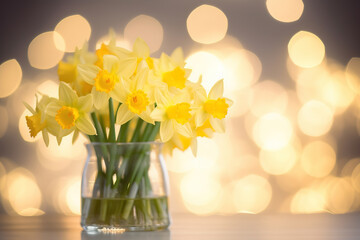 Yellow Daffodils in a Glass Vase with a Bokeh Background, generative ai 