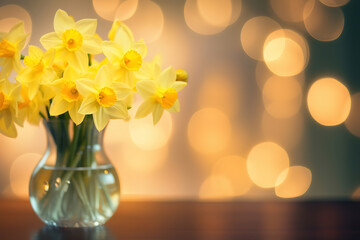 Yellow Daffodils in a Glass Vase with a Bokeh Background, generative ai 