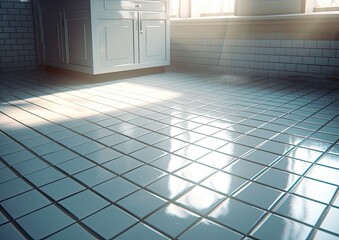 White terracotta tiles on the kitchen floor. Generative AI.
