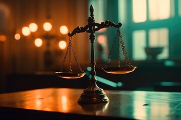 Scales Of justice on the table in the court hall. Generative AI.