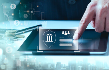 Digital banking security, Data protection, Business man cryptography to enter financial personal information.