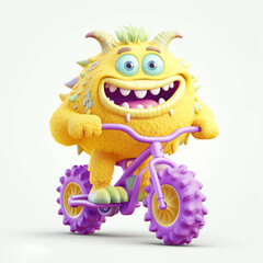 Fototapeta na wymiar monster, funny cartoon riding a bike isolated on white background, yellow, Generative AI