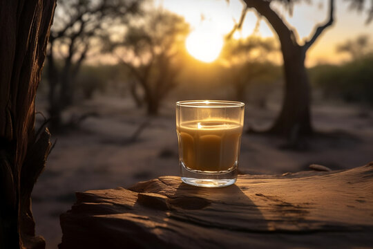 Cream liqueur on wood golden hour sun safari bush