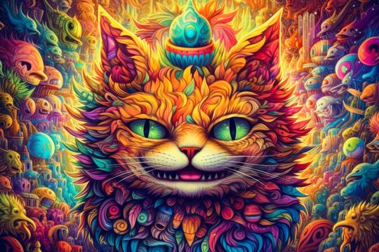 Smiling cat, psychedelic art. Generative AI © Sunshower Shots