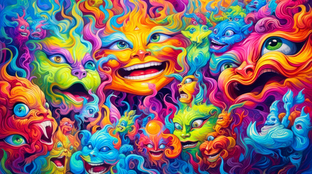 Abstract faces, psychedelic art. Generative AI