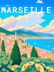 Foto auf Acrylglas Marseille: Retro tourism poster with a French landscape and the headline Marseille / Provence-Alpes-Côte d’Azur © Modern Design & Foto