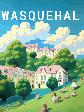 Wasquehal: Retro tourism poster with a French landscape and the headline Wasquehal / Hauts-de-France