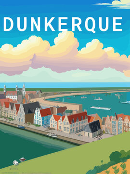 Dunkerque: Retro tourism poster with a French landscape and the headline Dunkerque / Hauts-de-France