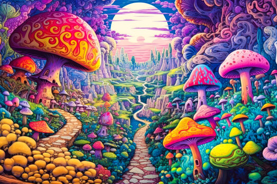 Psychedelic mushroom forest landscape art. Generative AI
