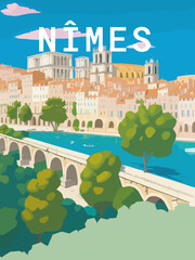 Nîmes: Retro tourism poster with a French landscape and the headline Nîmes / Occitanie - obrazy, fototapety, plakaty