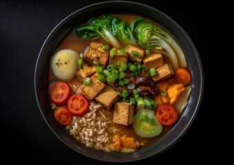 bowl of vegan Tamari ramen soup with vibrant vegetables and tofu cubes