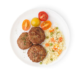 Cutlets with bulgur, boiled vegetables and tomatoes on white background