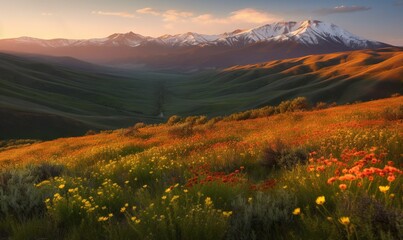  a field of wildflowers in front of a mountain range.  generative ai
