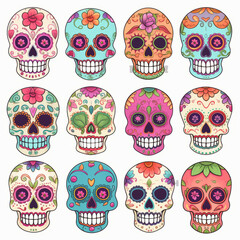 colorful cartoon sugar skulls for Day of the Dead celebrations, created with Generative AI Technology