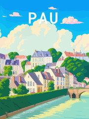 Pau: Postcard design with a scene in France and the city name Pau