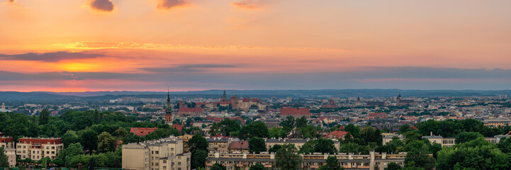 Krakow old town panorama from Krakus Mound, summer evening