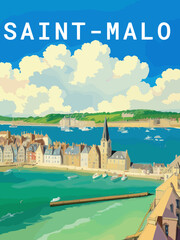 Saint-Malo: Retro tourism poster with a French landscape and the headline Saint-Malo / Bretagne - obrazy, fototapety, plakaty