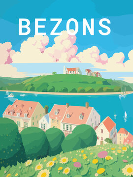 Bezons: Retro tourism poster with a French landscape and the headline Bezons / &Icirc;le-de-France