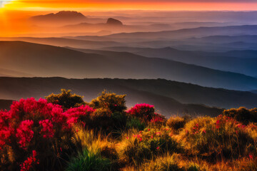 Fototapeta na wymiar Digital landscape photo of Sunset at mountain overlooking background sun light. Concept of ecological environment. Generative AI