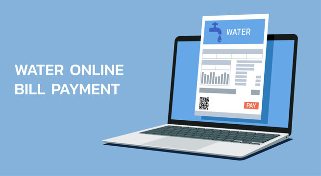 online payment with water bill on laptop computer screen, vector flat illustration