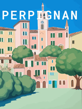 Perpignan: Retro tourism poster with a French landscape and the headline Perpignan / Occitanie