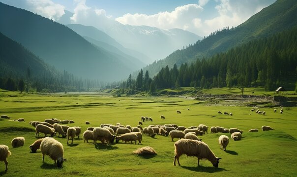  a herd of sheep grazing on a lush green field in front of mountains.  generative ai