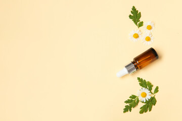 Composition with bottle of essential oil, fresh chamomile flowers and leaves on color background