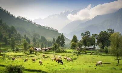  a herd of cattle grazing on a lush green hillside with mountains in the background.  generative ai