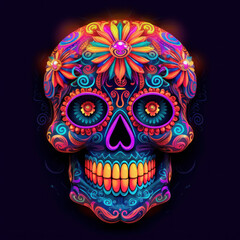 sugar skull  in neon light for Day of the Dead celebrations, created with Generative AI Technology