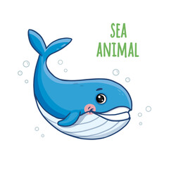 Cartoon Whale, Sea Animal Floating Underwater. Vector Illustration
