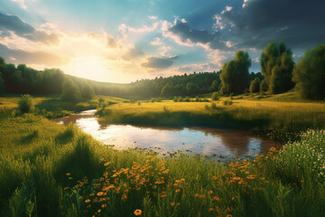 beautiful summer landscape, golden sun in the sky, river, clouds, green grasses and wildflowers, generative ai 