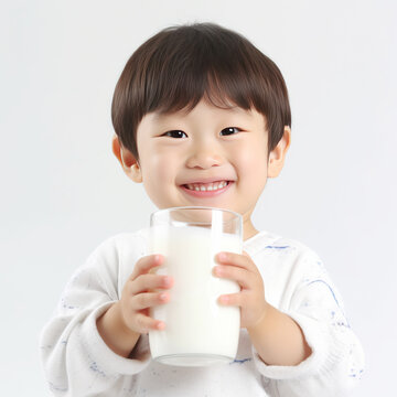 child drinking milk from a glass isolated on white background, milk advertisement. Generative AI