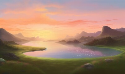  a painting of a sunset over a lake with mountains in the background.  generative ai