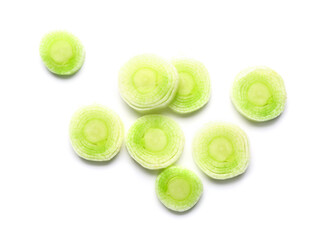 Slices of fresh leek on white background