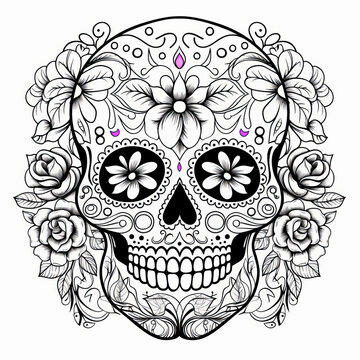 Day of the dead traditional sugar skull, coloring page, Generative AI