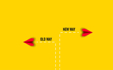Red paper airplane flying old way new way. New Idea concept. business life change concept. Different thinking, Business leader, personality development idea concept.